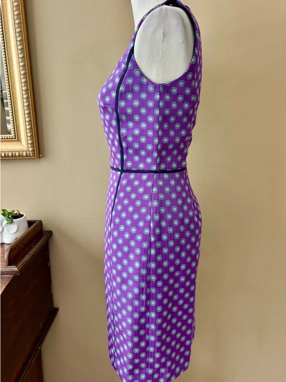 J Crew Sleeveless Sheath Dress Purple Medallion Foulard Print Size 2 Career Work
